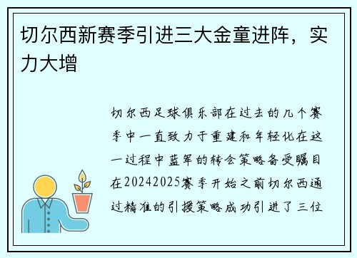 切尔西新赛季引进三大金童进阵，实力大增