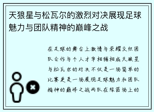 天狼星与松瓦尔的激烈对决展现足球魅力与团队精神的巅峰之战